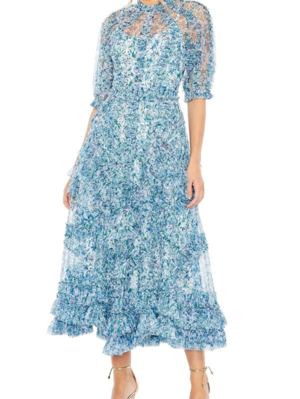 Mac Duggal Blue Floral Lace Tiered Midi Dress